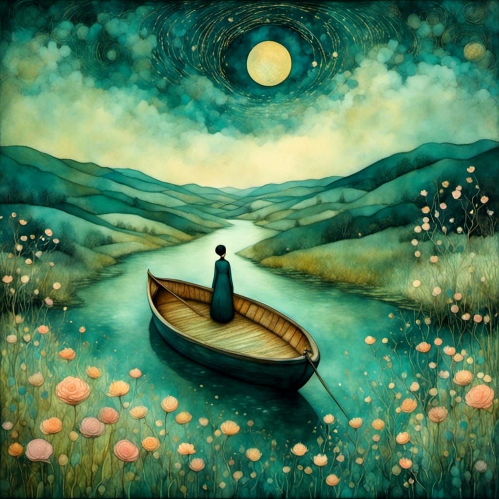 <lora:Liquid Ink:1.0> A little boat on the most beautiful river ever seen, nostalgic, peaceful, quiet, still, in art brut style by Benjamin...