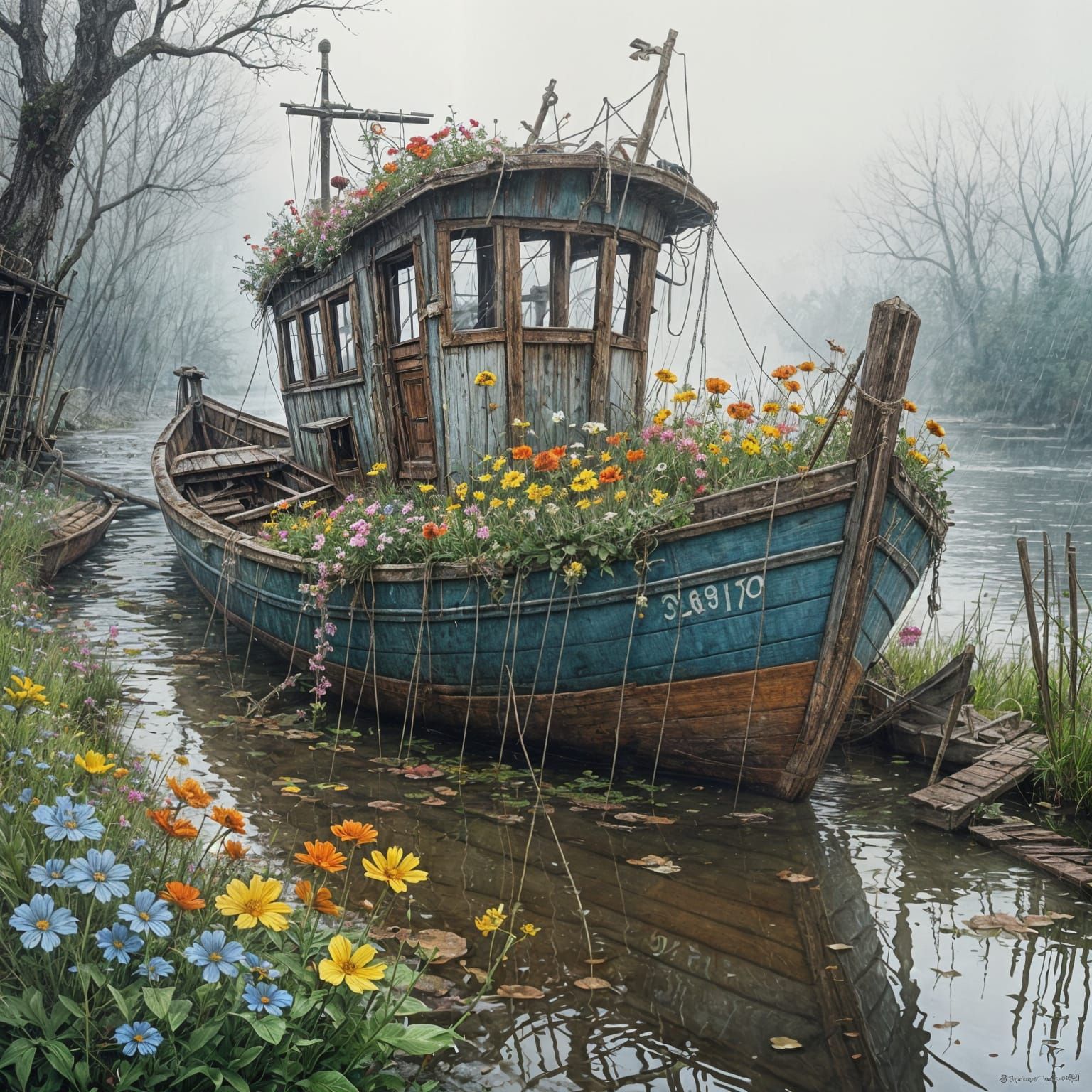 Flowers and an abandoned boat. Rain and fog. Rainy day. Jean-Baptiste Monge style, watercolor and ink. Picturesque and v...