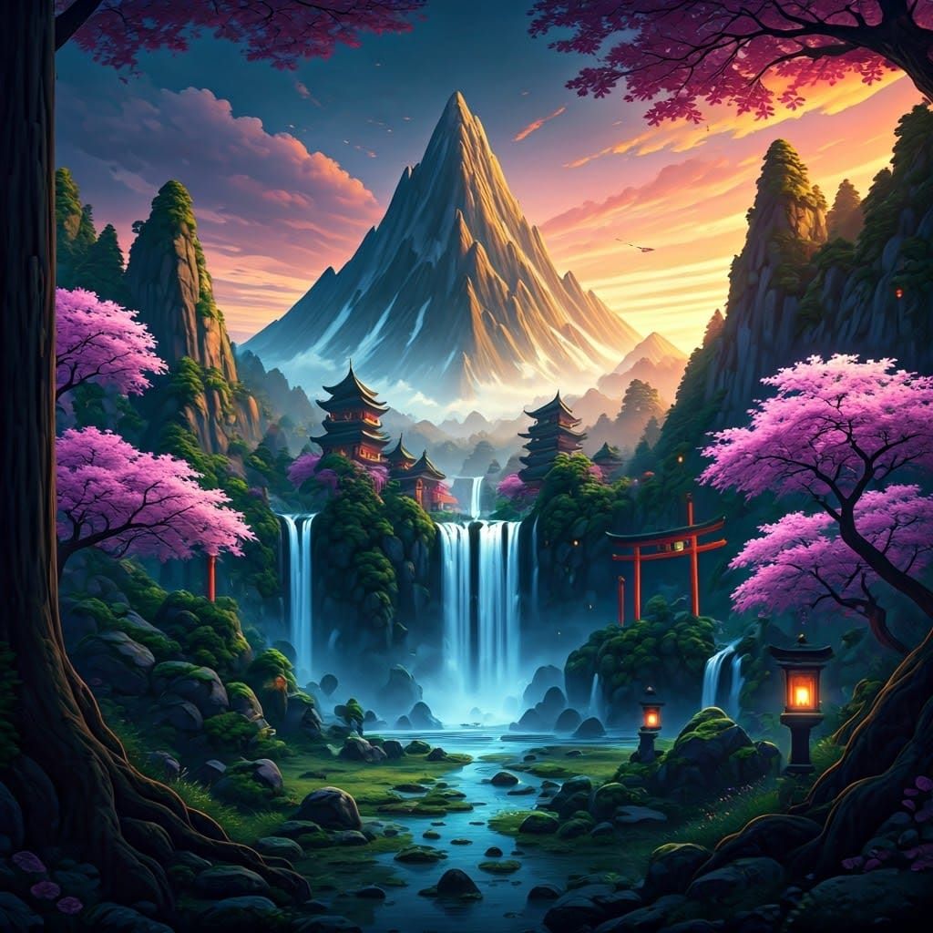 Ancient Japan Landscape with Cherry Blossoms