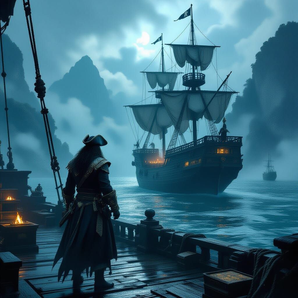 A spectral pirate captain stands on the deck of his ghostly ship, 1