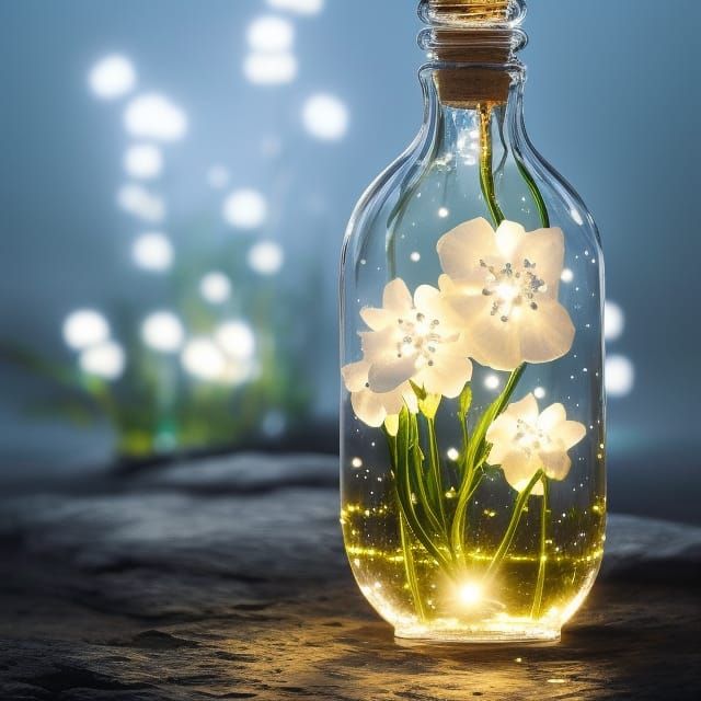 Glowing white flowers inside of a glass bottle  by @Naiad