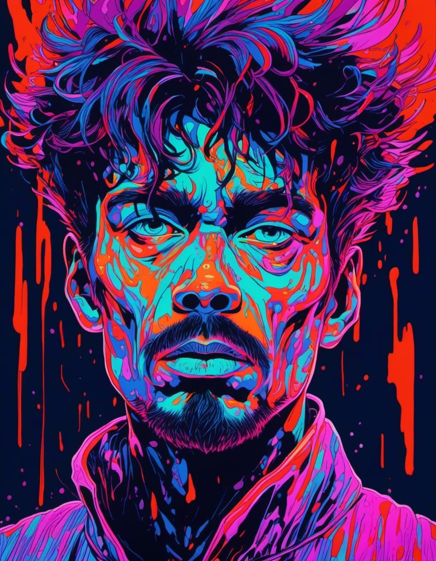 Blacklight portrait of a man in the style of akira, ink streaks, 8k. chromatic aberration. highly detailed. In the style of James Jean, Andr...