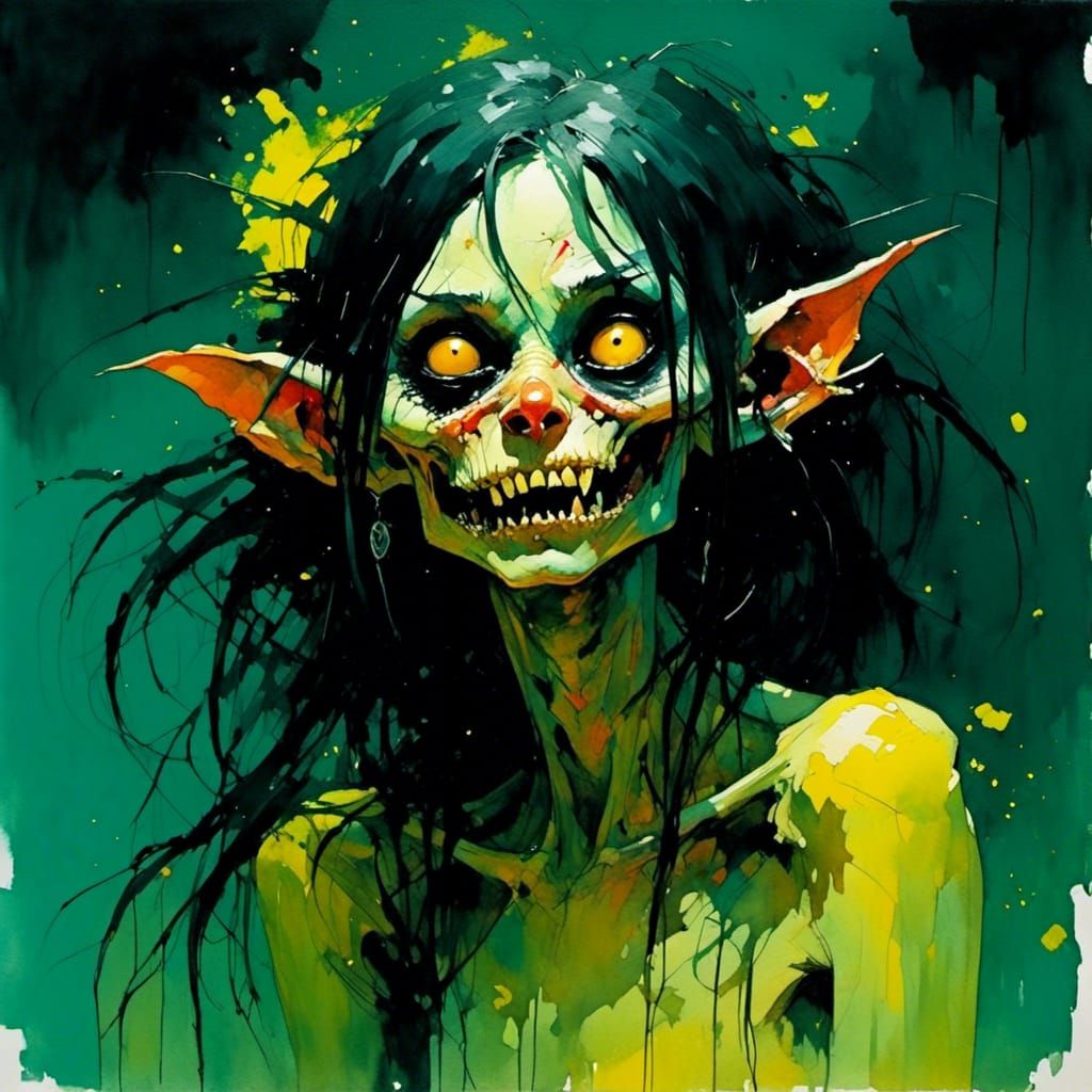 horrendously hideous night hag! <lora:LapiWatercolor:1.0> gaunt_and_bony female trolls! long night-black nails! sickening_skin_tone! tattoo-...