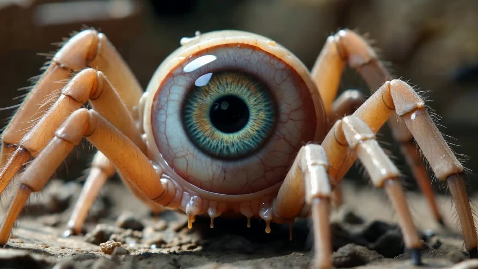 Photorealistic grotesque eyeball organism with anatomically correct spider legs, realistic blood viscosity, detailed iri...