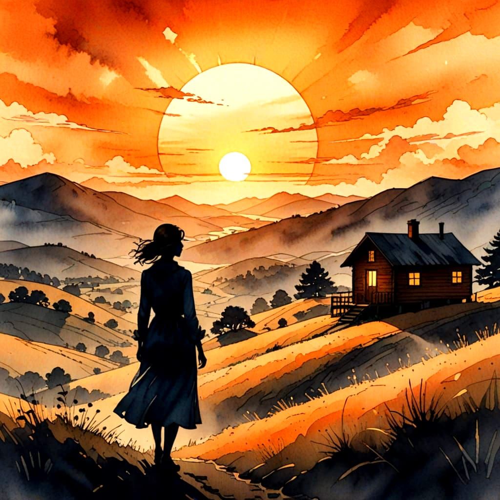 Woman on Sunset Hills in Watercolor Ink Drawing Style
