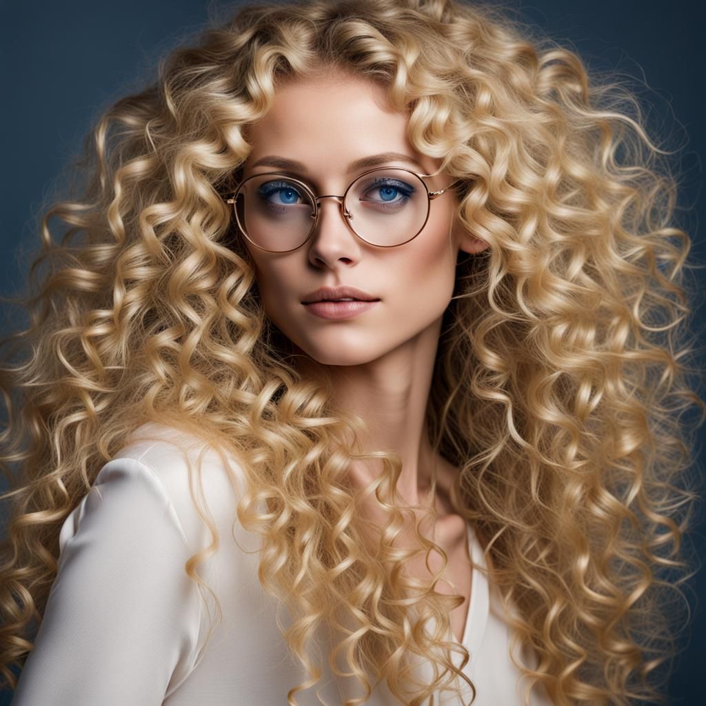 isadora curly blonde long blonde hair and blue eyes gold curcular glasses -  AI Generated Artwork - NightCafe Creator