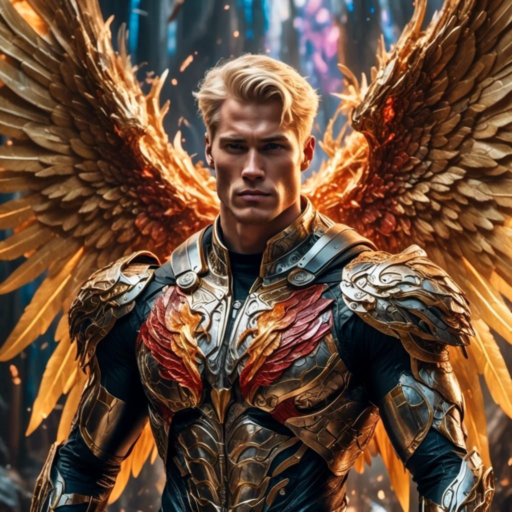 Handsome blonde  man with wings <lora:Detailed Armor:1.0> 