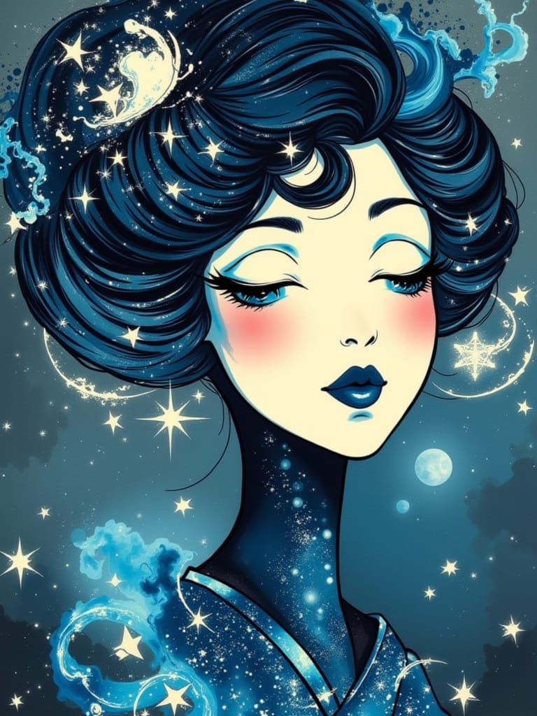 <lora:Geisha:1.0> Cosmic Nouveau portrait of figure emerging from swirling space dust, face serene and otherworldly, Art Nouveau decorative ...