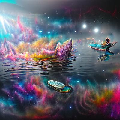 Lake floating in space 8k resolution holographic astral cosmic illustration mixed media by Pablo Amaringo