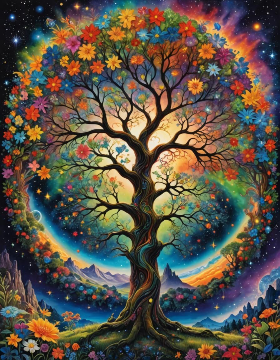 Psychedelic Colorful Silhouette, cosmic-tree-of-life, flower...