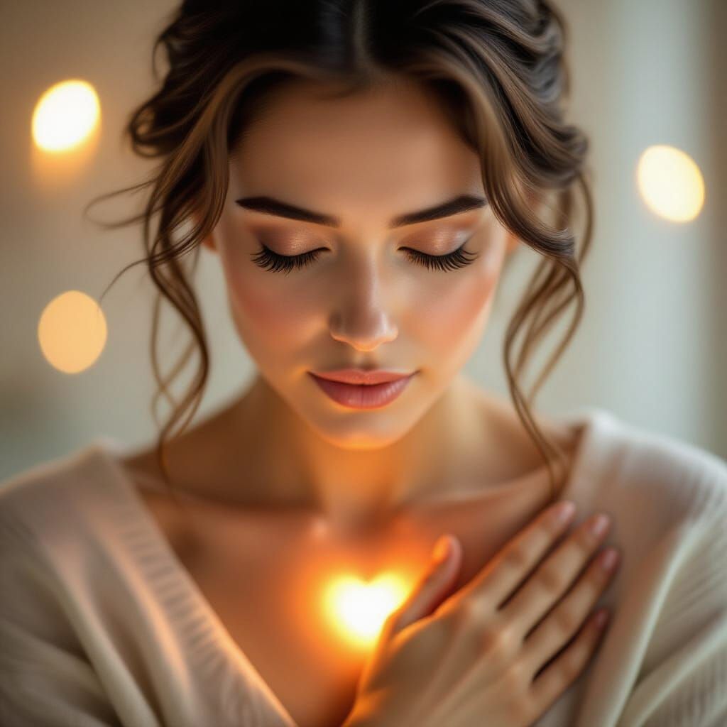 A realistic, cinematic close-up of a person gently holding their chest with one hand, eyes closed, with a soft warm light illuminating their...