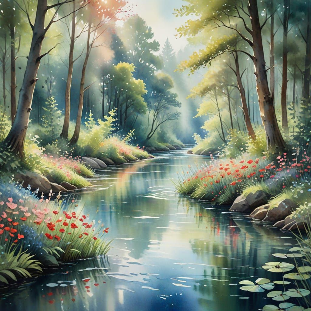 Impressionistic Watercolor Forest River Scene