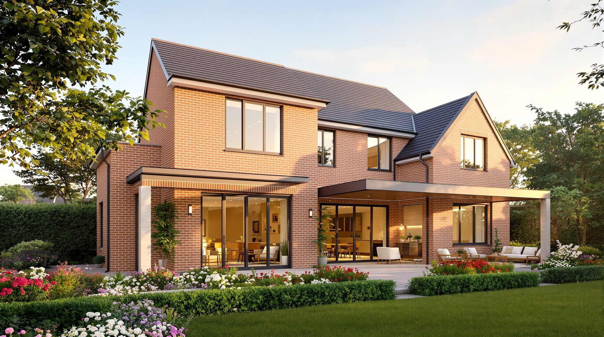 Create a realistic image of a modern brick garden house that showcases a beautiful architectural design. The house should have a stylish fac...