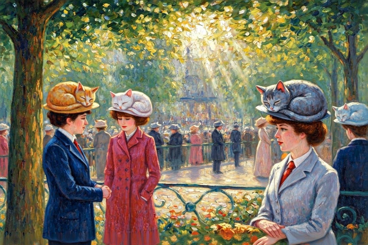 Parisian park scene, impressionistic style, soft luminous colors, dappled light. Patrons wear whimsical ...  by @Ishya