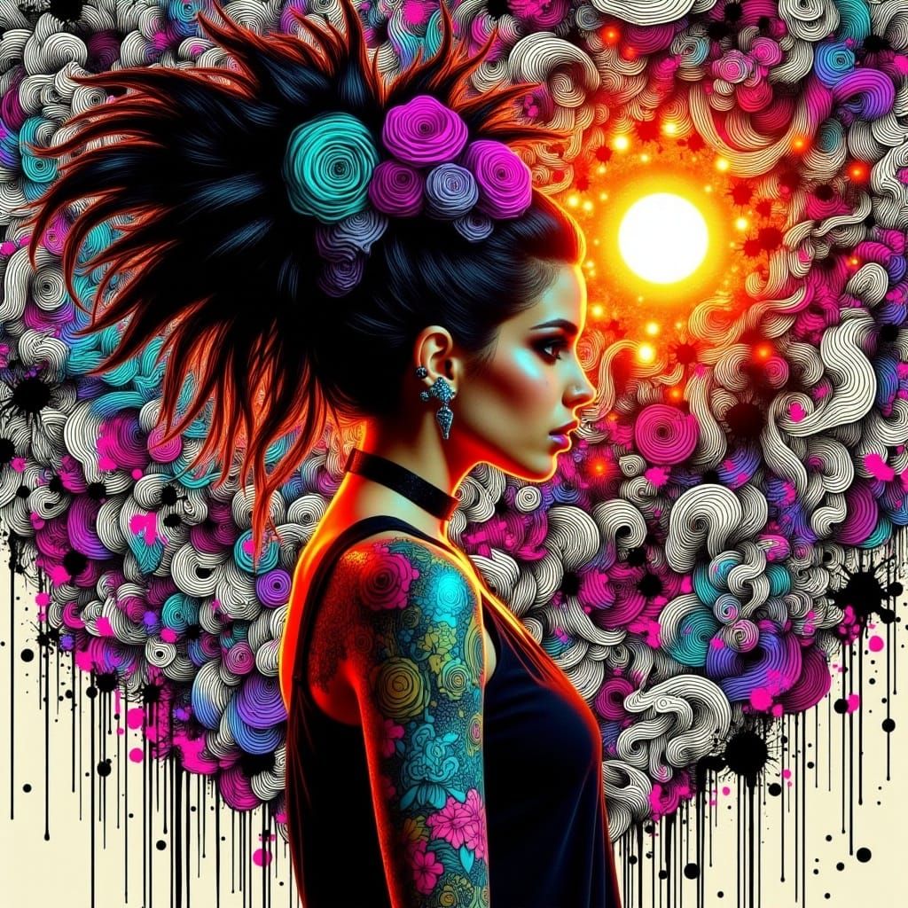 An alternative woman looking ay the sun. Tattoos. Zentangle background.  Ink drips. Dynamic lighting <lora:AlternaInk:1.0> 