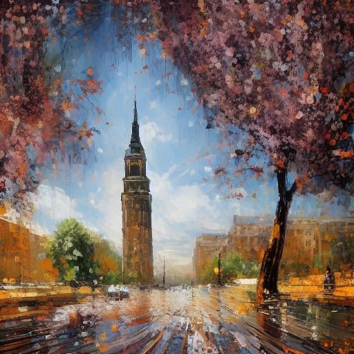 <lora:ImpressCitySD15:1.3> London Big Ben tower, people in the street