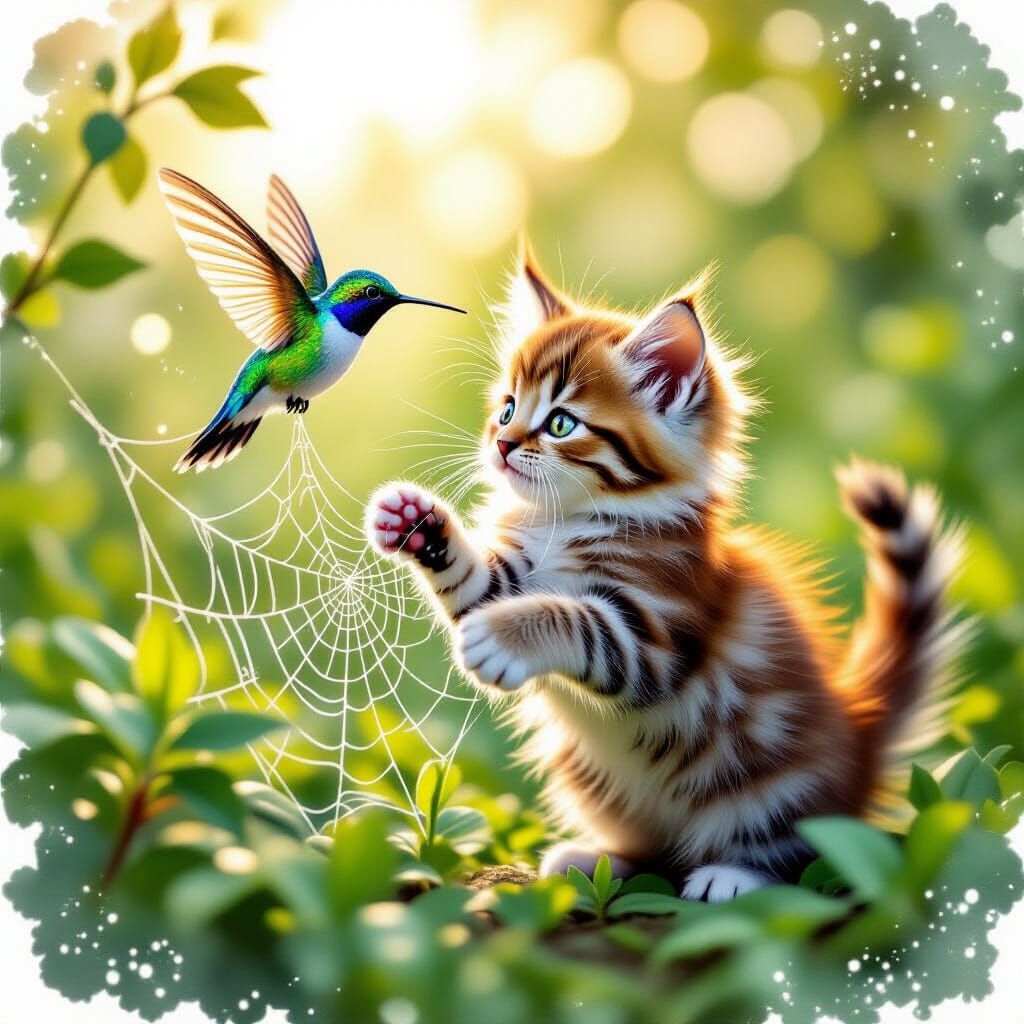 A mischievous kitten with fur like spun gold, playfully batting at a shimmering, ethereal hummingbird hovering over a dew-kissed spiderweb. ...
