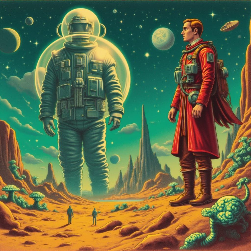 <lora:Distorted Memories:1.0>
A lone astronaut stands on a desolate alien planet, gazing up at a colossal, otherworldly structure that pierc...