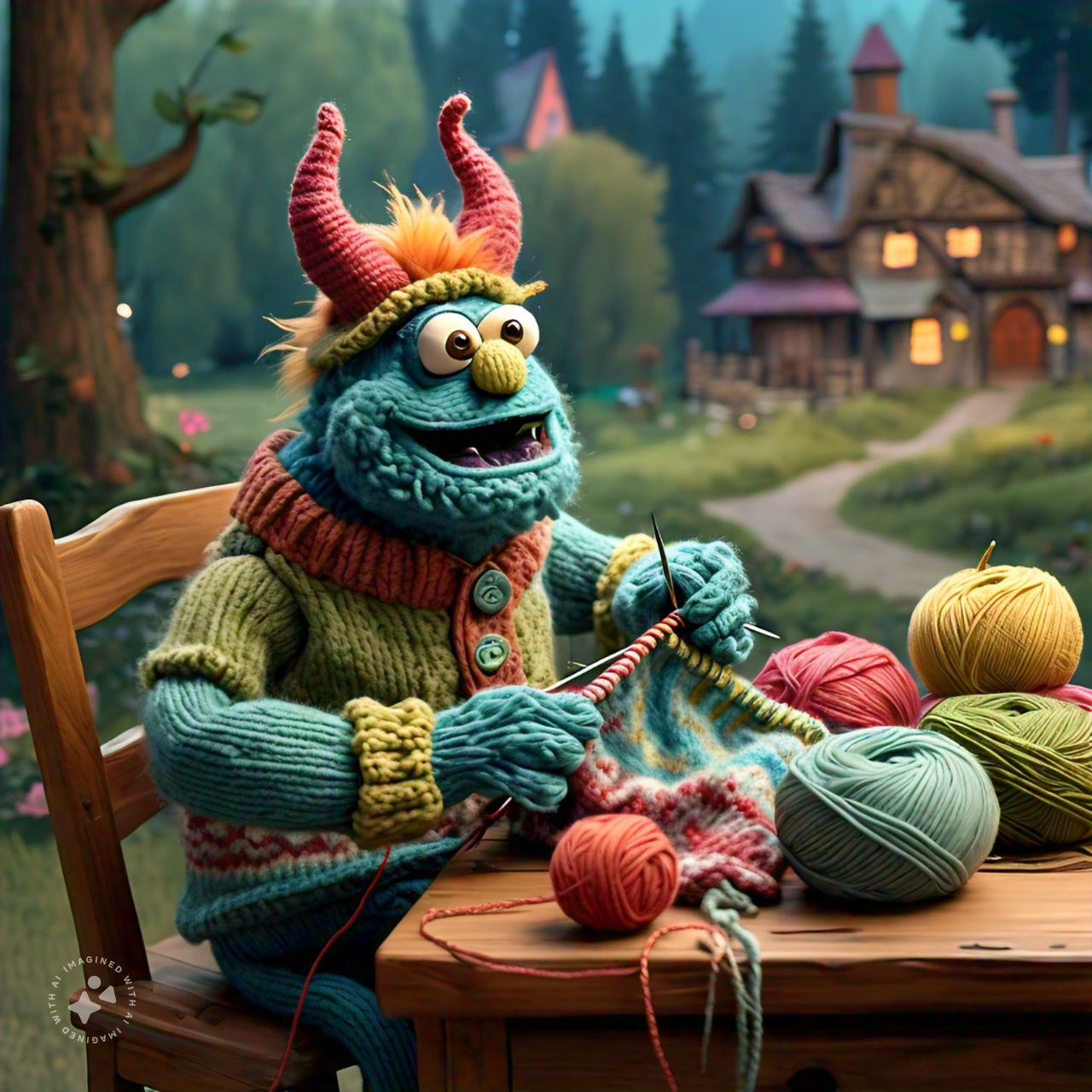 Yarn monster knitting a sweater, pop surrealism, fairytale illustration (FB/Meta AI)