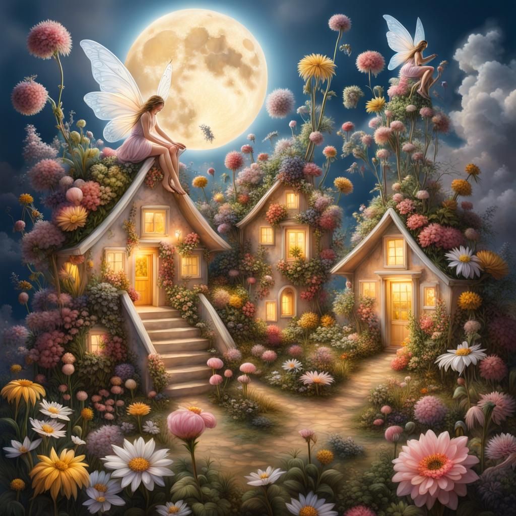 Hyper-realistic maximalism fairies with their many homes made of flowers. Full moon.   heavenly sunshine ...  by @Leland Lewis