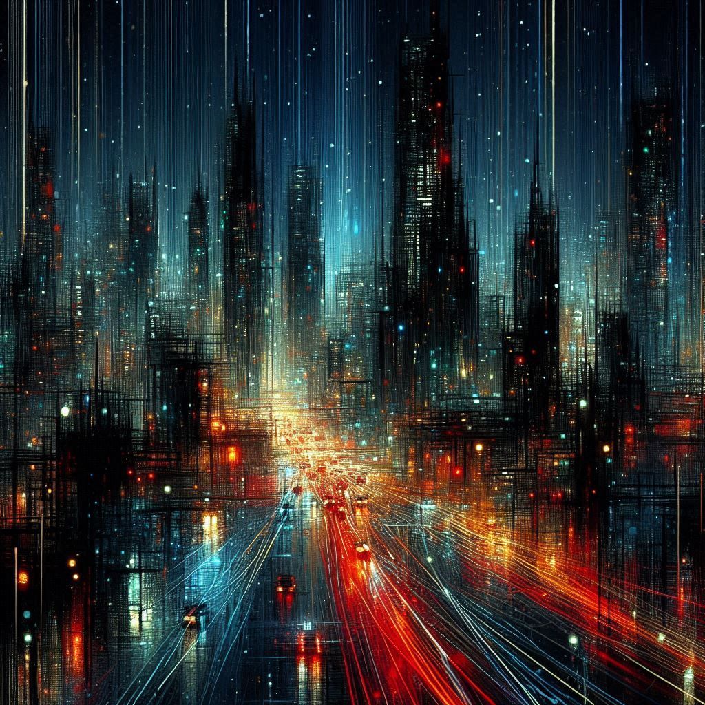Night, dark city of the future.