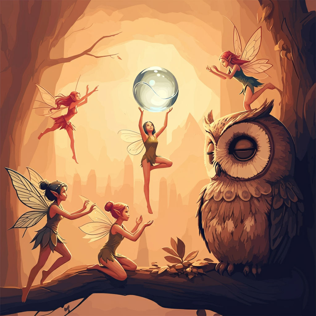 Fairies pulling a prank on a cranky owl
