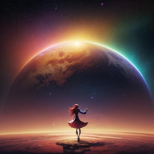 Goddess with Rainbow Dress in the Galaxy