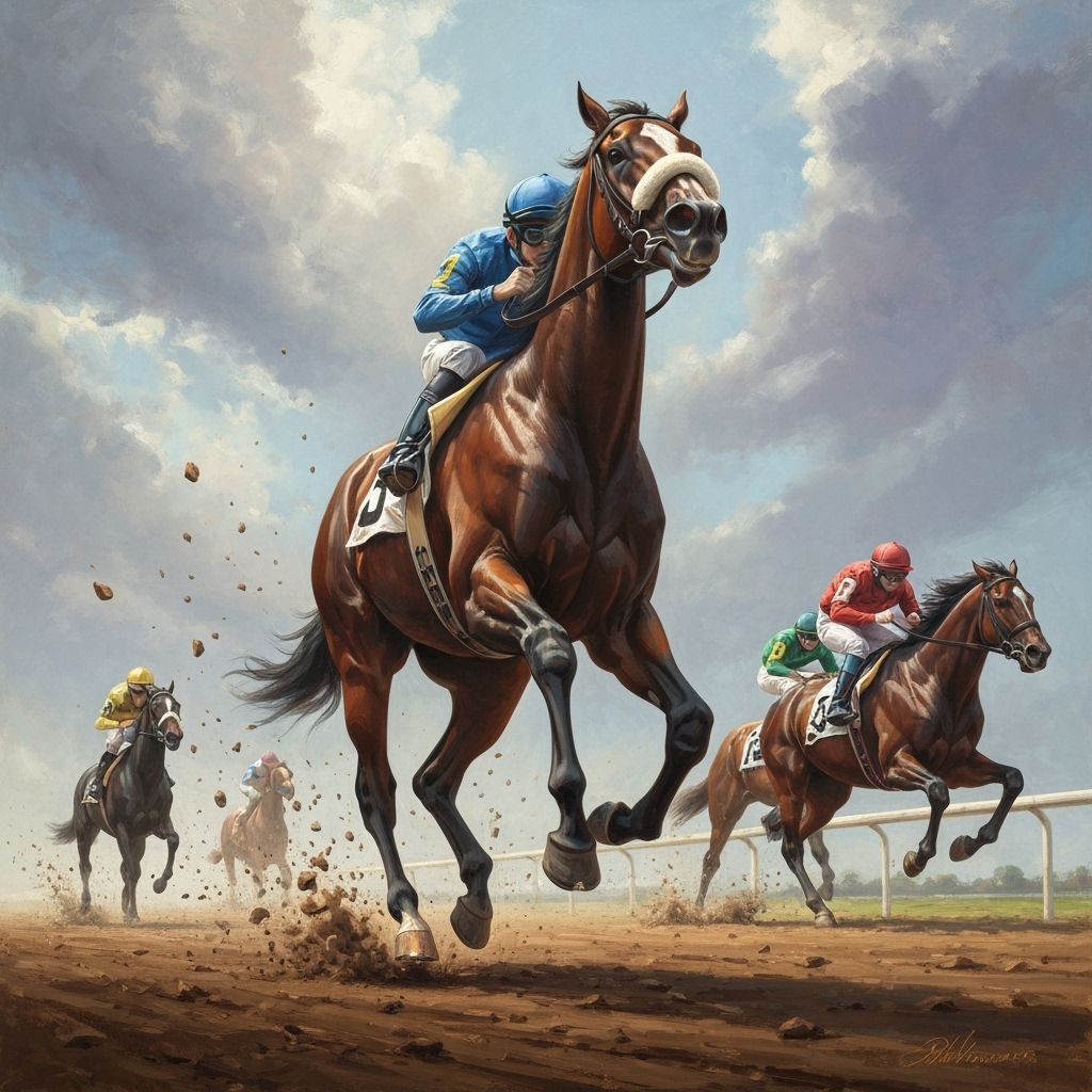 A dramatic oil painting in the style of classical equestrian art, captured from a low-angle perspective ...  by @PVW