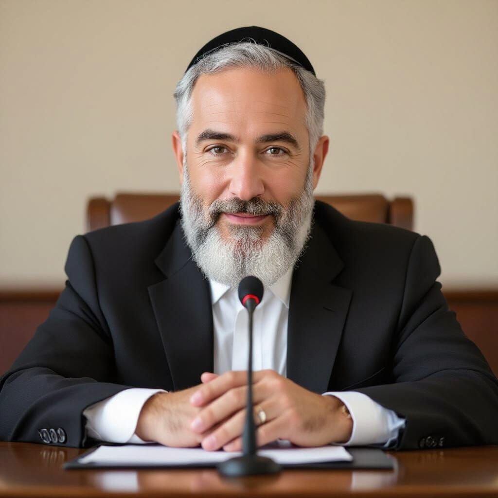 A realistic portrait of a Jewish Rabbi in his early 50s of white ethnicity with light skin, seated at a desk with a microphone in front of h...