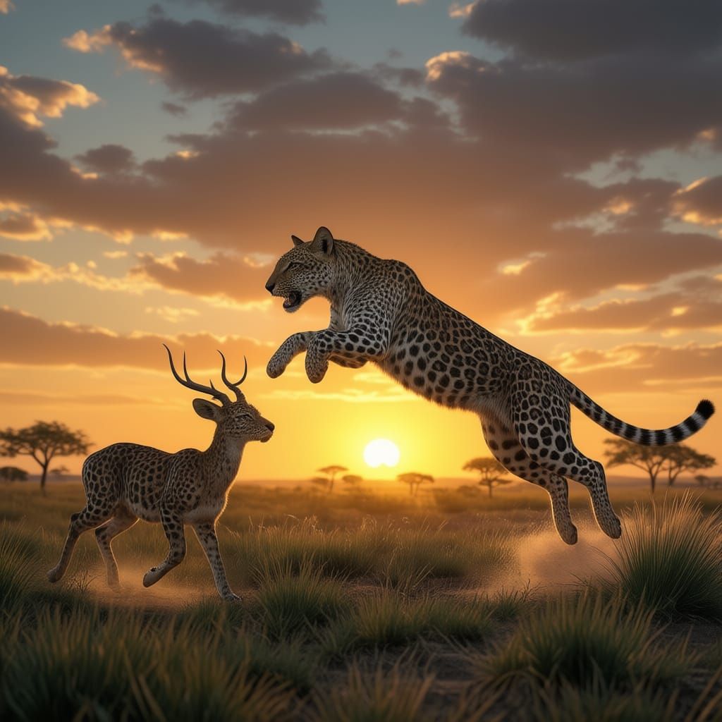 A leopard about to jump on  a dear after a chase with African savanah background in a evening with typical golden tint in african sky as a b...