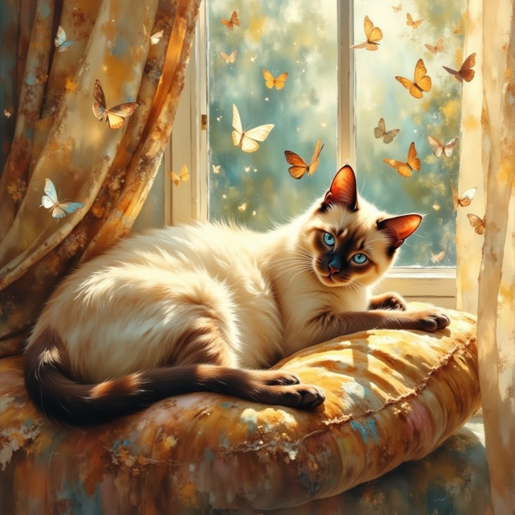 An elegant Siamese cat reclines on a plush velvet cushion playing with butterflies