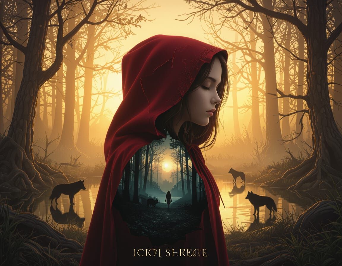 A surreal digital painting of a beautiful scene. A cinematic depiction of a mysterious girl wearing a torn red hood, her silhouette walking ...
