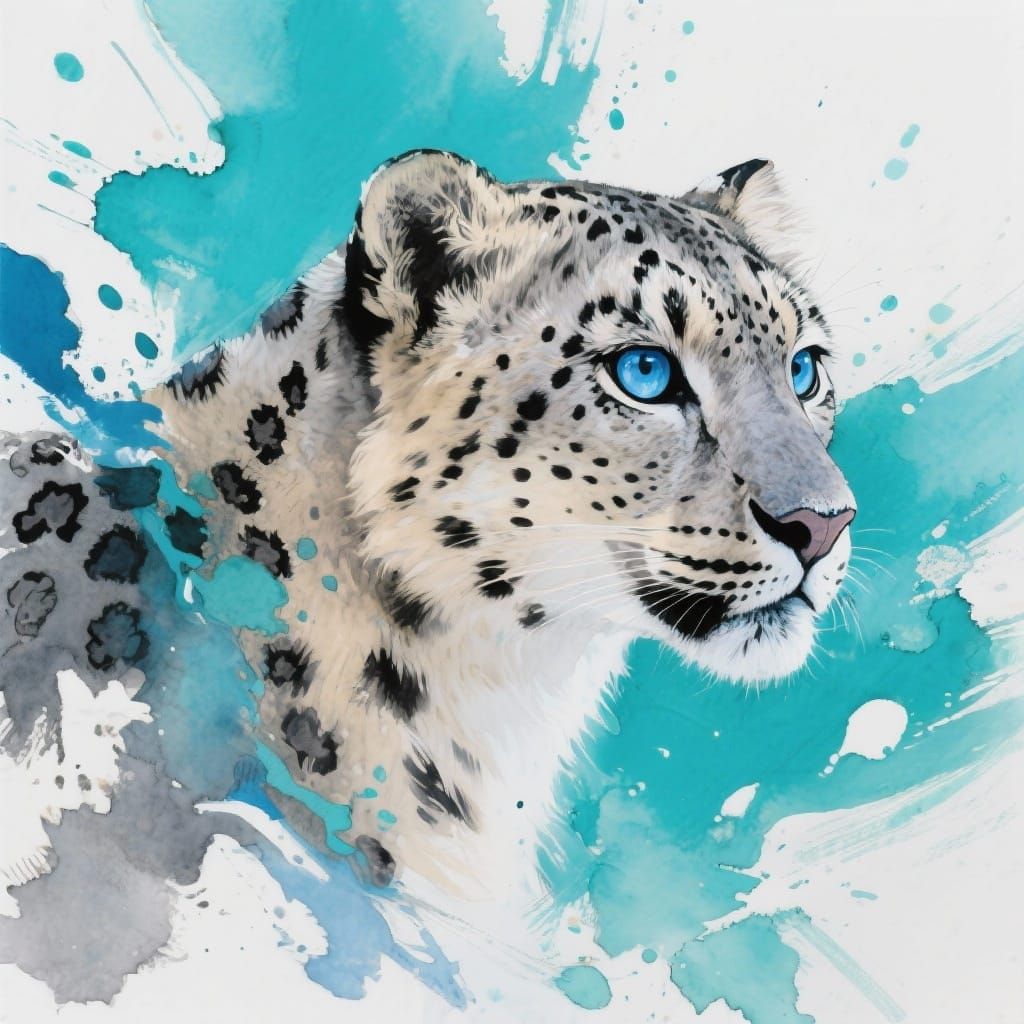 Snow Leopard Portrait with Turquoise Abstract Art
