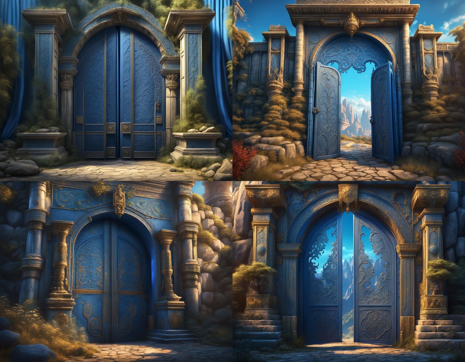 An ancient gate and inside painted blue curtains a delicatel...