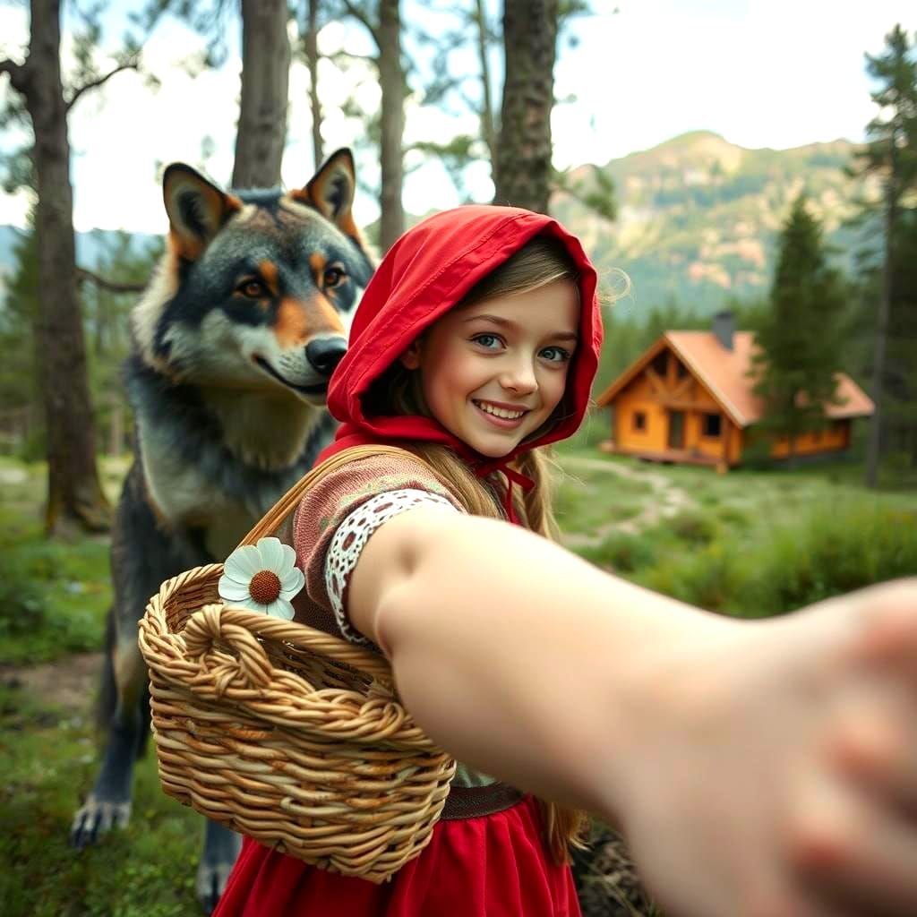 Little Red Riding Hood takes a selfie.  by @coffeeshop