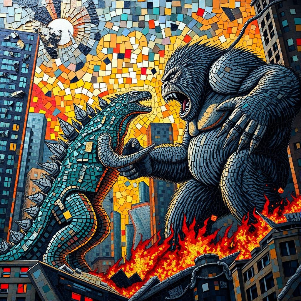Godzilla vs King Kong mosaic  by @Mikeydred