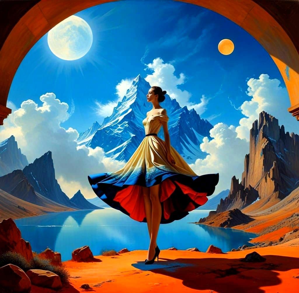 Surreal Snowy Mountain Goddess in Vibrant Azure and Orange