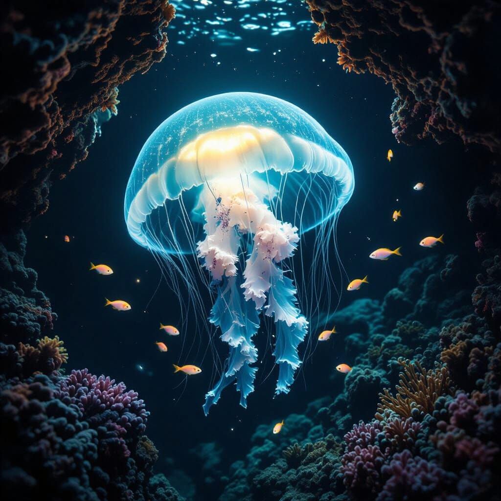 Bioluminescent Jellyfish Drifting in Deep-Sea Trench