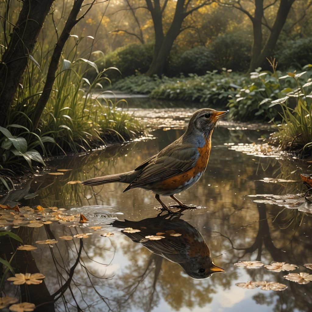 Cute fluffy Robin looking at its reflection in a puddle in a...