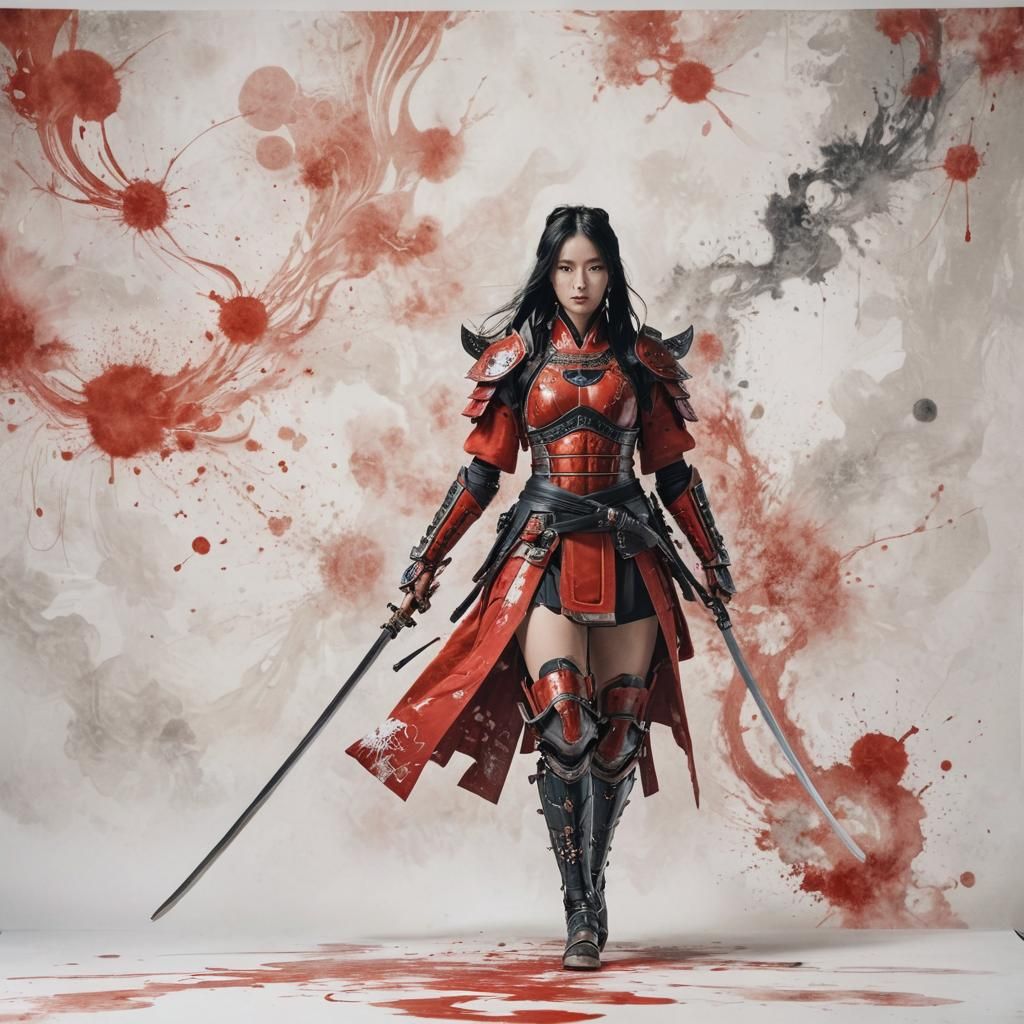 Woman in Red Samurai Armor on Abstract Background