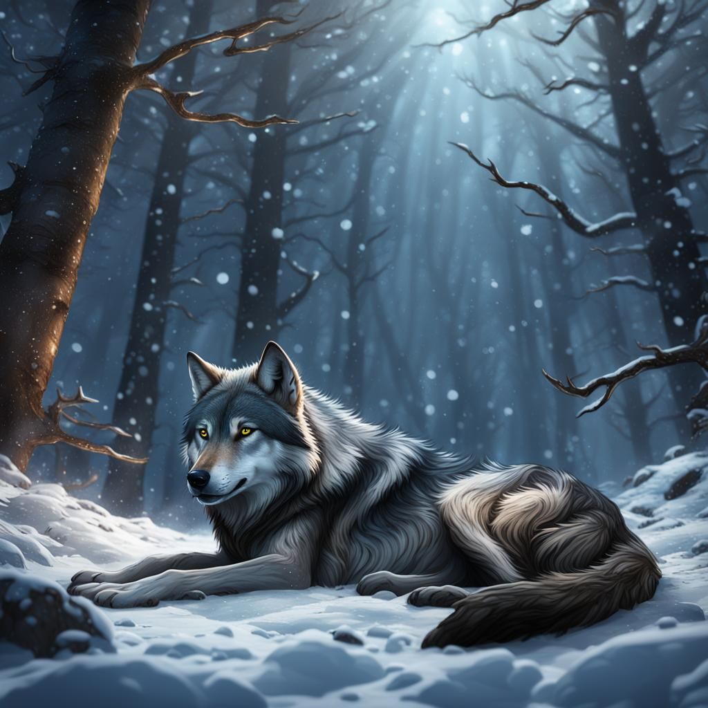wolf laying in the falling snow in a wooded area
