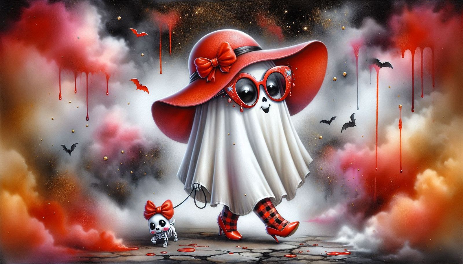 Fancy Adorable Ghost walking her skeleton puppy