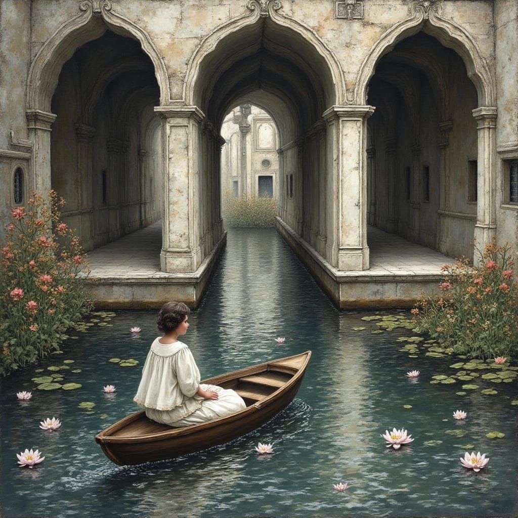 <lora:bildraum:1.0> a lady in a boat under flowering under a suite of arches. the wet surface gleams with silver. Medium shot. alcohol Ink, ...