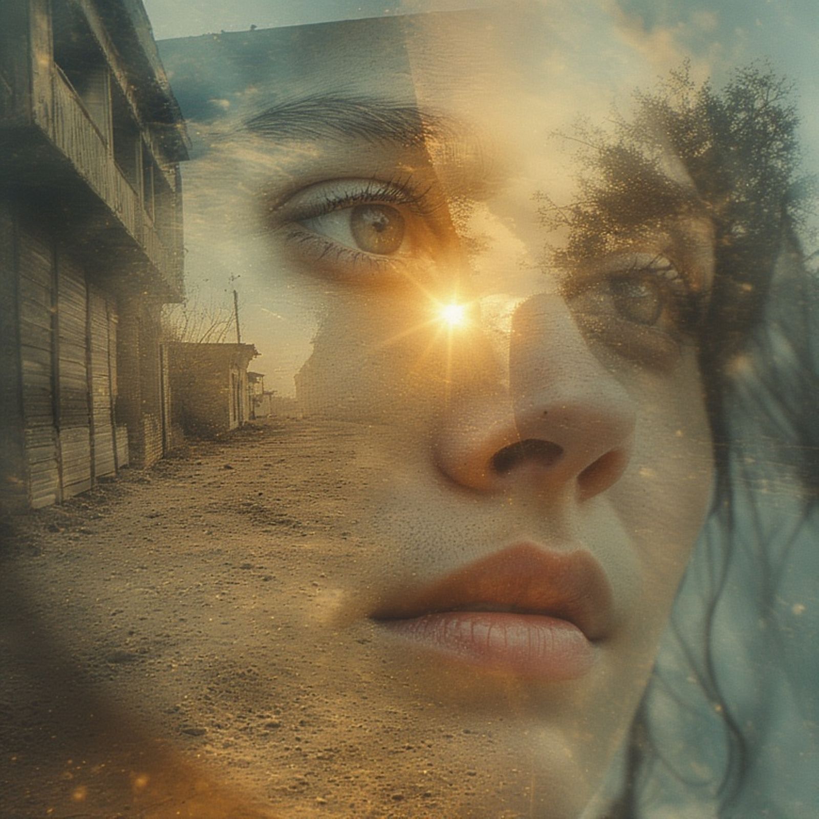 A woman's form dissolves into a sprawling, rustic cityscape ...