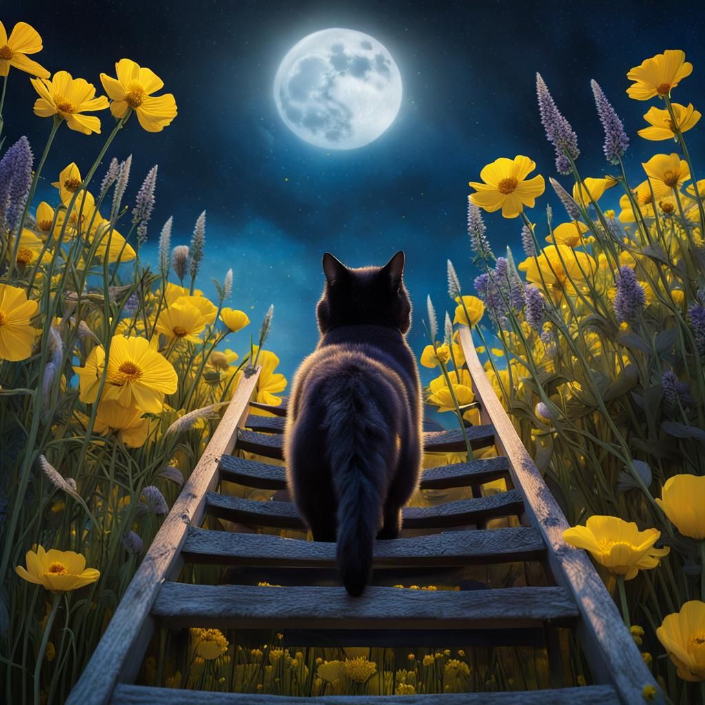 Whatever You Do, DON'T Walk Under This Ladder While Petting this Black Cat in a Meadow of Yellow Flowers in the Light of the Full Moon! ;)  by @JessTD