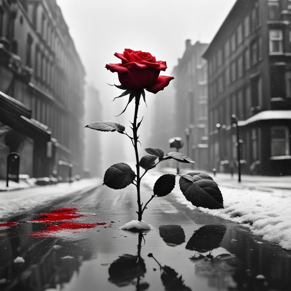 Color splash photo of red rose in the middle of cold empty black and white street, by saul leiter, detailed, mist, soft ...