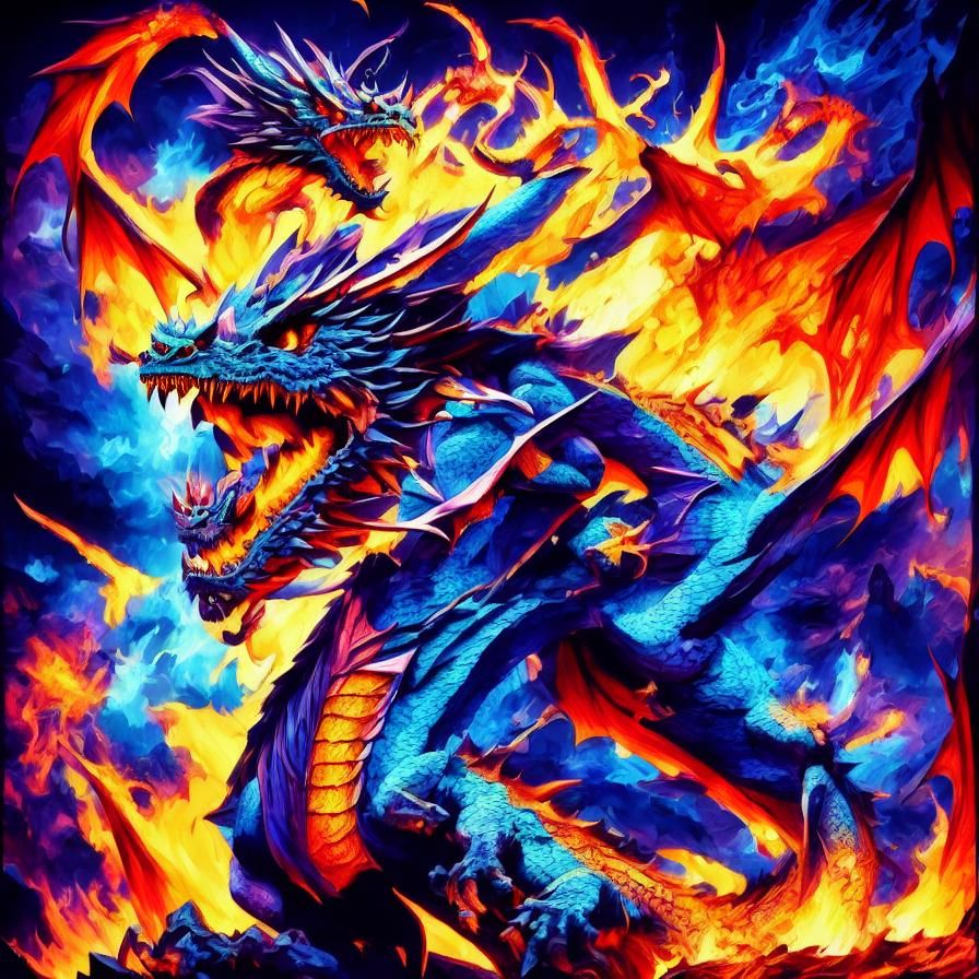 Fierce blue dragon beast, red and blue flames, legendary dragon of destruction. deep color maximalism expressionism, heat wave light dust su...