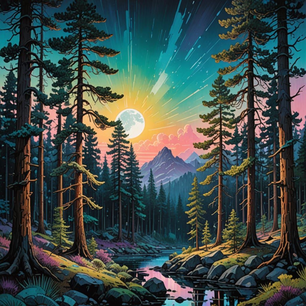 Iridescent Moon Over Forest  by @JollyNewt