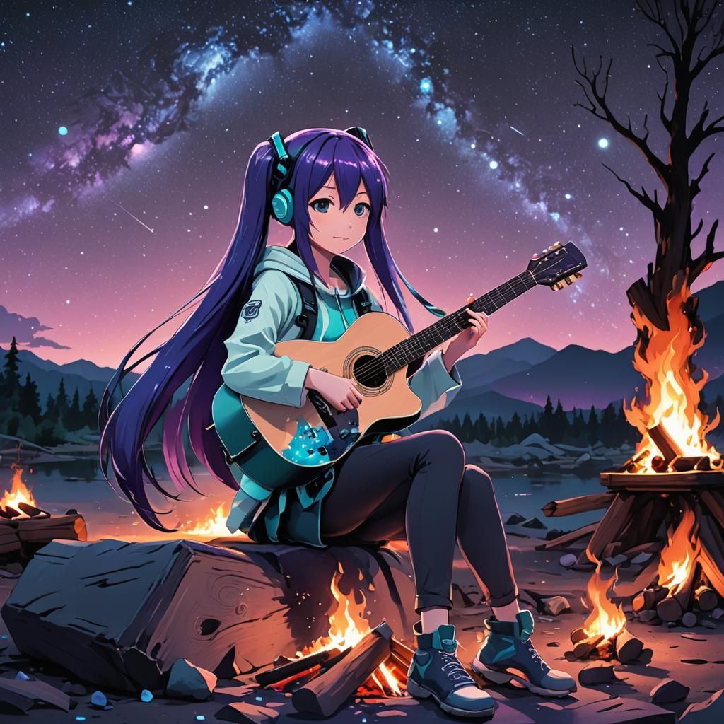 Hatsune Miku with dark purple hair, playing a guitar while s...