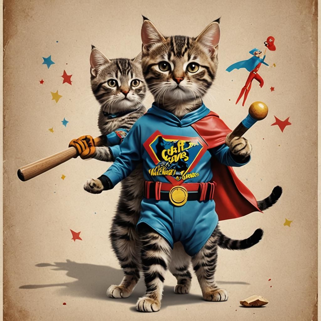 Kitten and his mentor cat superhero costumes posing like pro...